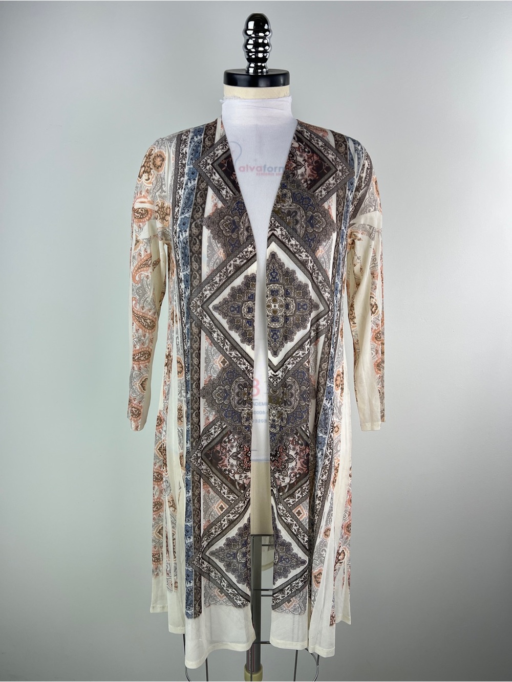 💚 3554. Lightweight Mesh Paisley & Medallion Open Front Cardigan - Cream, Brown